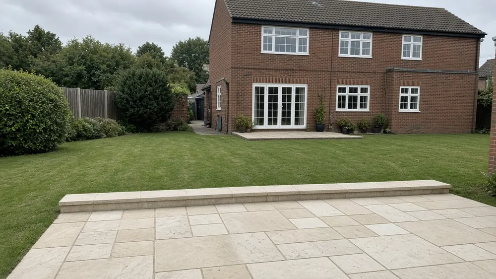 Example image: a sawn limestone patio stepping down to a lawn
