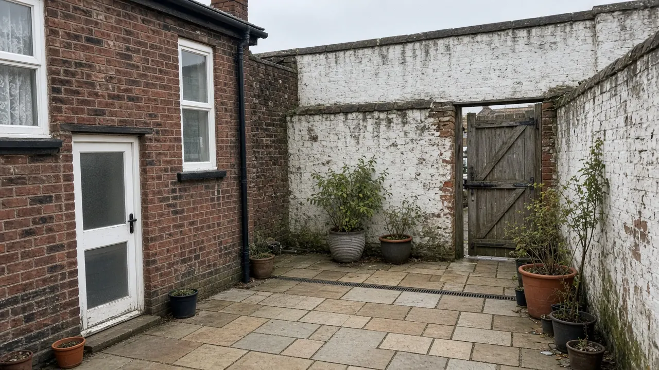 Example image: a sandstone-paved back yard behind a colliery terrace cottage