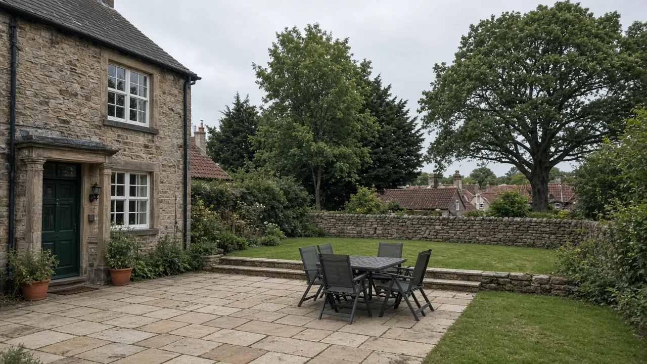 Example image: a buff sandstone patio behind a stone Victorian semi