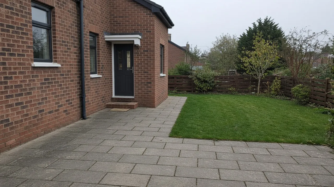 Example image: grey sandstone patio behind a brick house with a lawn and a low fence