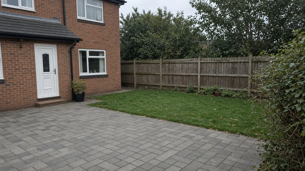 Example image: grey block paved patio behind a brick semi-detached house with a small lawn and fence