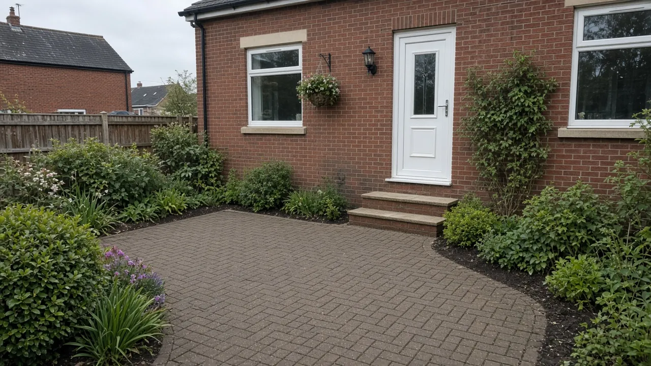 Example image: herringbone block paved patio behind a brick semi-detached house with planting