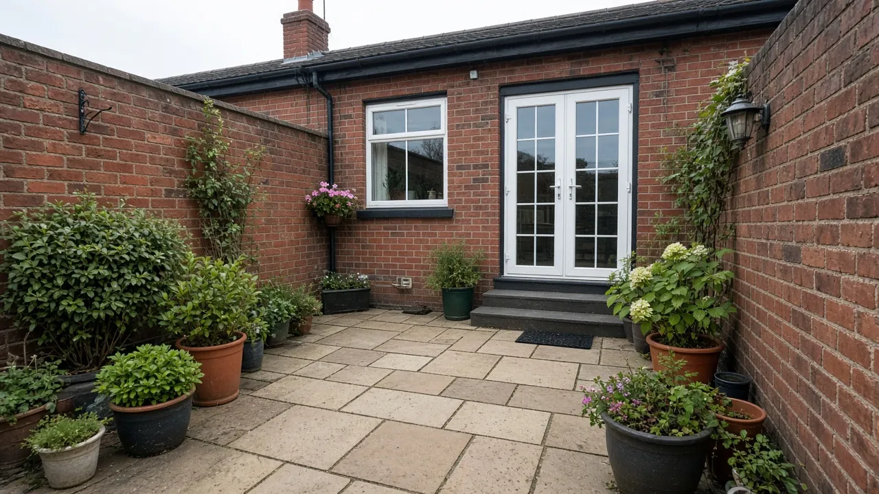 Example image: compact sandstone patio in a brick-walled back yard behind a brick house with pots
