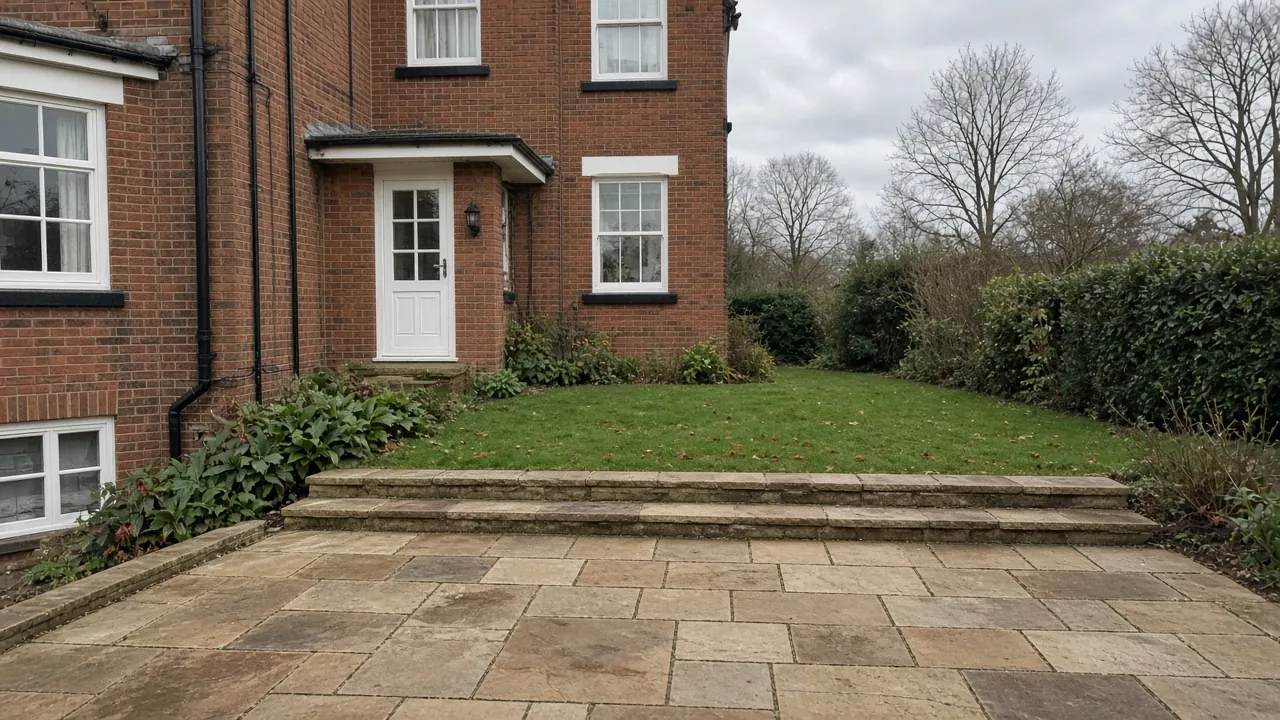Example image: sandstone patio with steps up to a lawn behind a brick period house