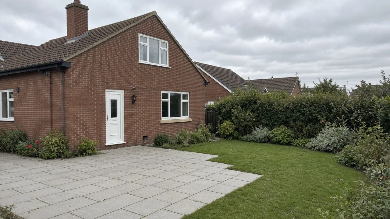 Example image: light grey paved patio behind a brick house with a lawn and shrubs