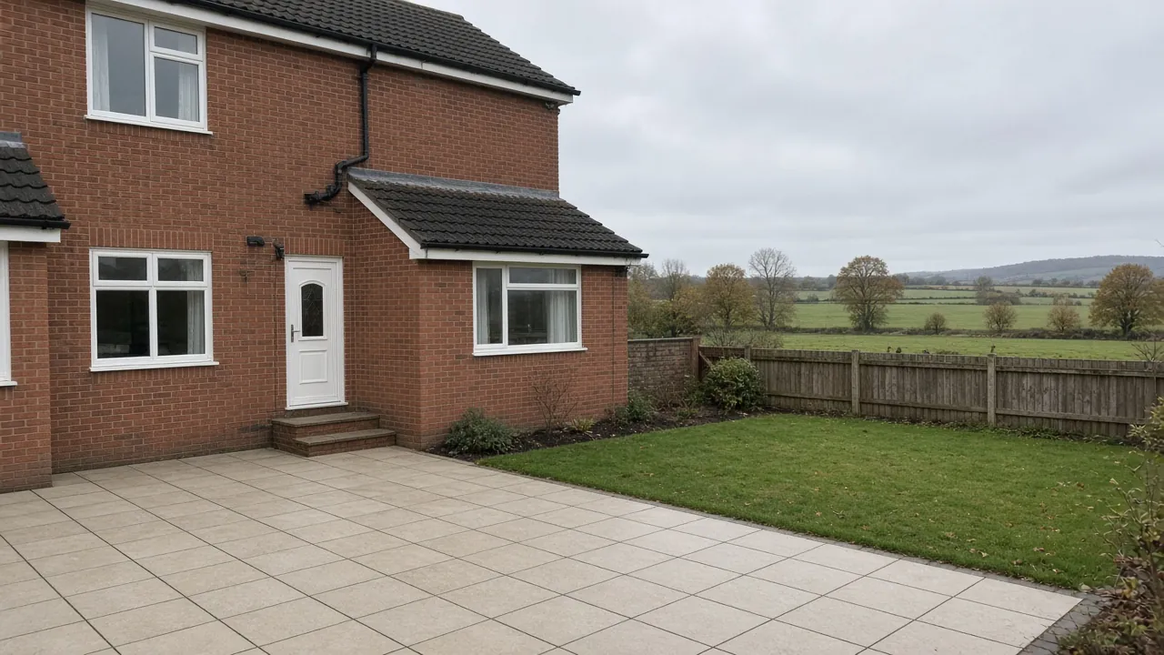 Example image: buff porcelain patio behind a brick semi-detached house with a lawn and fields beyond