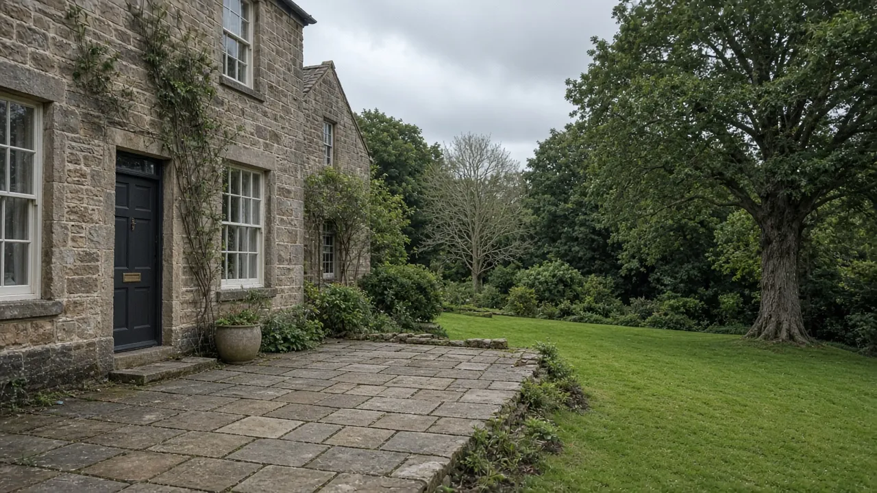 Example image: riven sandstone terrace behind a period stone house with a lawn and mature trees