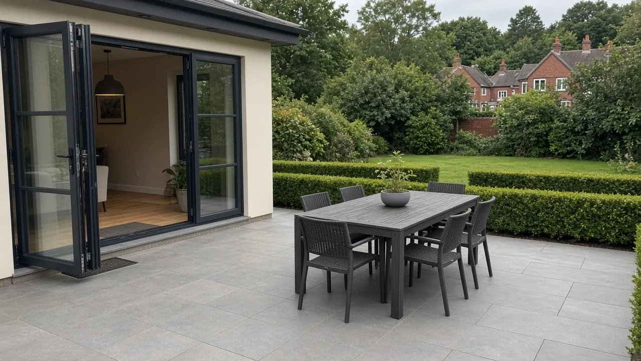 Example image: a mid-grey porcelain patio outside bi-fold doors