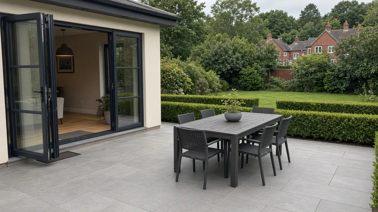 Example image: a mid-grey porcelain patio outside bi-fold doors